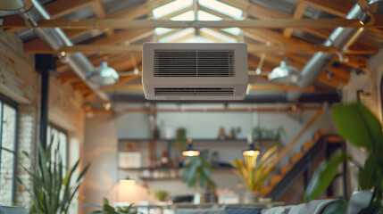 Naklejka premium Interior room with ceiling mounted cassette type air conditioner alongside a modern lamp light on a ceiling. the duct air conditioner suitable for home