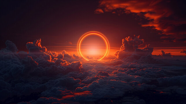 Sunset orange neon ring casts a warm glow on an abstract cloud in a dark sky, 3D view,