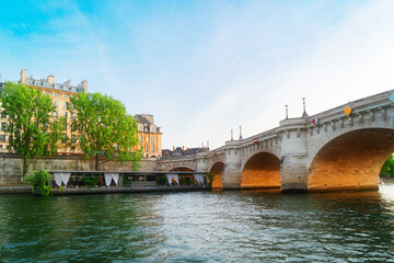 Eiffel Tower and Seine riverbank, low angle view, Paris, France