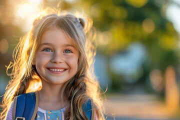 Fototapeta premium Adorable young girl looking excited and happy, smiling as she prepares to go to school for the first time, soft morning sunlight on the first day of school
