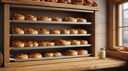 Naklejka premium Rustic bakery with wooden shelves displaying golden-brown bread, fragrant cinnamon rolls, homely atmosphere, Generative AI