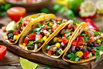 Mouth-watering close-up of beef tacos filled with fresh garnishes, black beans, tomatoes, onions, and cilantro, perfect for a flavorful meal. - Powered by Adobe