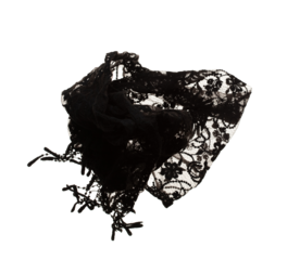 Black lace fabric flying in curve shape, Piece of textile black lace fabric throw fall in air. White background isolated, dark shading environment