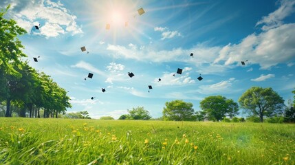 Fototapeta premium Graduation Season Bliss: Sunny Park, Fresh Grassland, and AI-Generated 4K Wallpaper，There is fresh grass with bright sunshine, graduation season, graduation caps floating in the sky, artificial intell