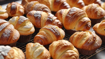 Bakery display: artisanal bread, buttery croissants, colorful cupcakes, inviting customers to indulge in sweet delights, Generative AI