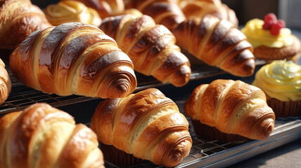 Bakery display: artisanal bread, buttery croissants, colorful cupcakes, inviting customers to indulge in sweet delights, Generative AI