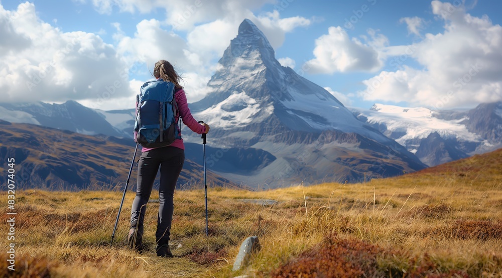 Poster a woman is hiking in the mountains with snowcapped peak