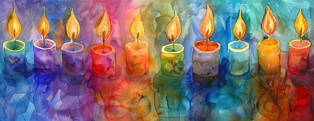 Colorful watercolor painting of burning candles