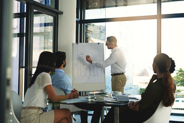 Businessman, whiteboard and meeting for presentation with collaboration, project proposal and...