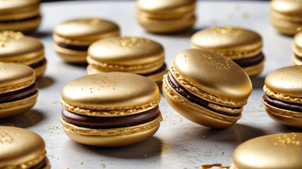 Elegant French macarons filled with decadent ganache and delicately topped with a shimmering gold glaze, a luxurious dessert for special occasions, Generative AI