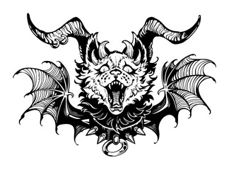Obraz premium Devil cat with horns and wings. Vector contour drawing