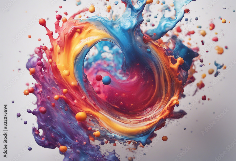 Poster abstract circle liquid motion flow explosion curved wave colorful pattern with paint drops on white