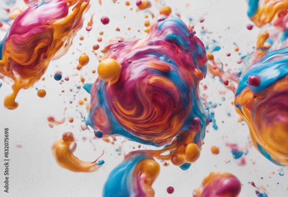 Poster abstract circle liquid motion flow explosion curved wave colorful pattern with paint drops on white