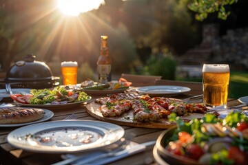 Fototapeta premium Outdoor dining table set with pizza, salad, beer, and summer sun, creating a perfect evening meal scene with friends or family.