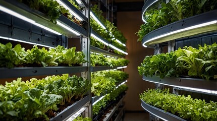 Details of Vertical farm facility, showcasing rows of leafy greens and herbs growing vertically in stacked layers under artificial lighting, sustainable farming practices for urban agriculture food 