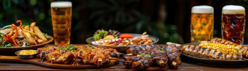 A delectable spread of grilled meats, vegetables, and beers perfect for a satisfying meal in an...