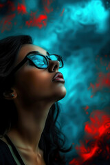 Beautiful Indian woman wearing black glasses, looking up at the sky, surrounded dark smoke and red light effects, in the style of digital art