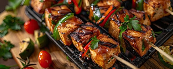 Close-up of delicious grilled salmon skewers with fresh vegetables on a wooden table, perfect for a healthy and tasty meal.