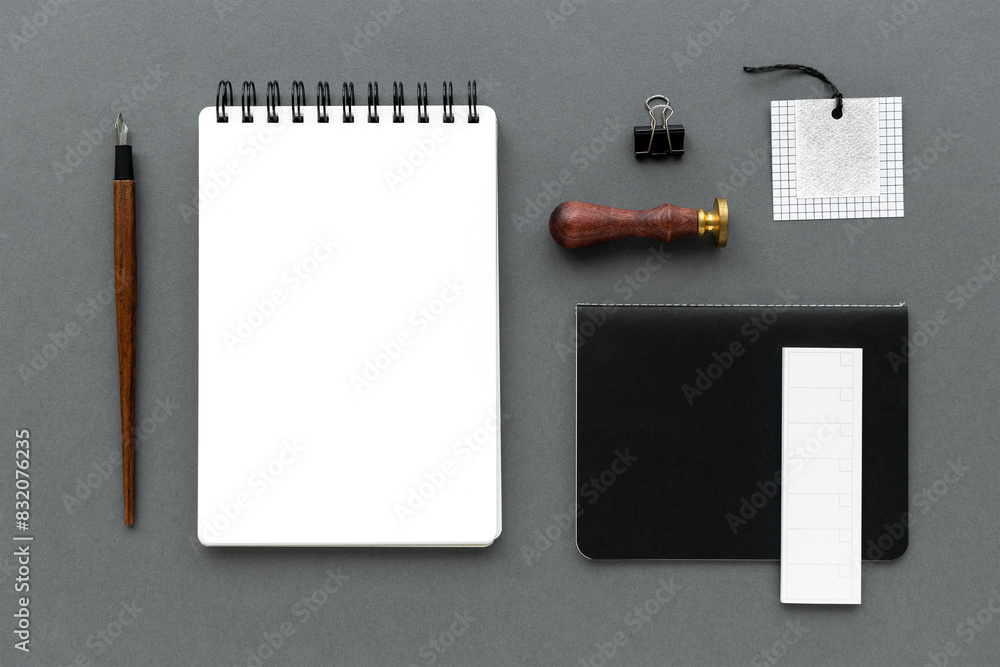 Poster set of stationery on workspace design element