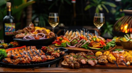 A lavish outdoor dinner spread with grilled meats, vegetables, wine glasses, and vibrant greenery in the background.