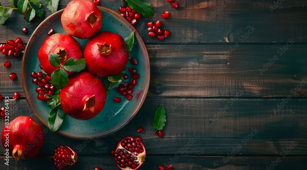 Canvas Prints Plate of ripe pomegranates on a wooden table, top view.