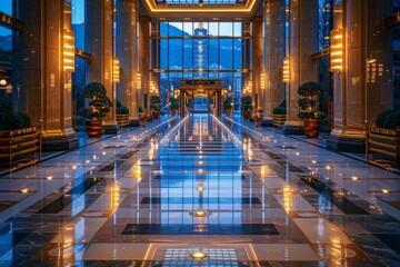 Fototapeta premium Elegant hotel lobby with blue marble flooring and stylish decor for a luxurious and inviting ambiance