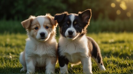 Two border collie puppy on green grass outdoor