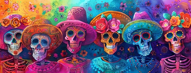 Colorful Day of the Dead sugar skulls with floral headdresses