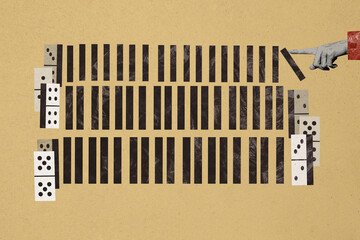 Composite photo collage of human hand index finger push domino brick board game business concept strategy isolated on painted background
