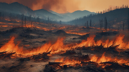 Painting depicting scorched landscapes and wildfires, a visual narrative of the escalating temperatures caused by climate change, Generative AI