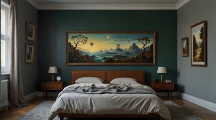 The surreal scenes depicted in a collection of surrealist paintings hung on a bedroom wall ai_generated