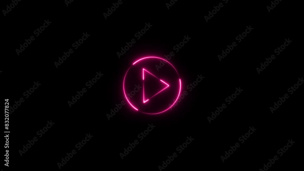 Poster neon shine play button sign with neon circle animation. neon media player button. neon glowing play 