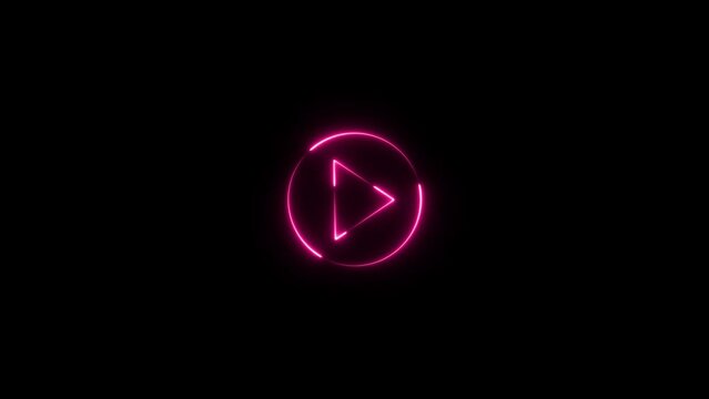 Neon shine play button sign with neon circle animation. neon media player button. Neon glowing play button icon on the black background.