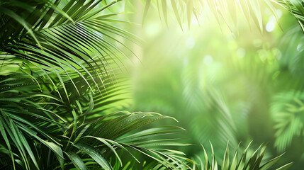 lush green foliage of a tropical rainforest with bright sunlight shining through the leaves