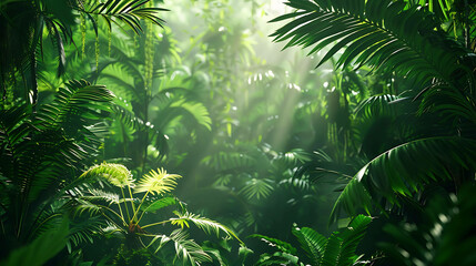 lush green foliage of a tropical rainforest with sunlight streaming through the leaves