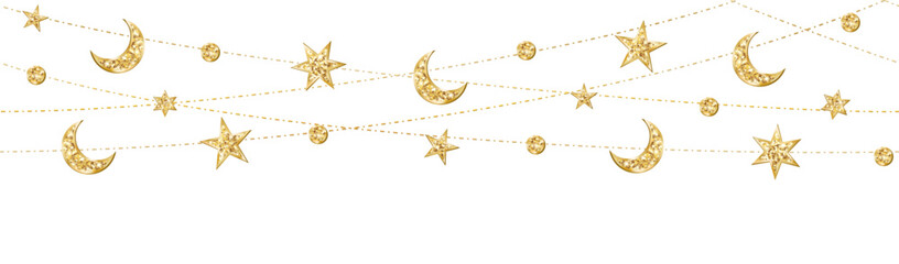 Ramadan or Al-Adha seamless decoration. Garland with hanging crescents and stars. Golden glitter ornaments. Muslim holidays border, frame. Transparent background in vector or PNG file.