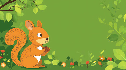 Cute squirrel holding a nut in the forest. Green background with leaves and flowers.