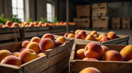 Peaches stored in wooden crates at warehouse with blurred background and space for text, close up - Powered by Adobe