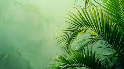 Green palm leaves against a blurred background. The leaves are lush and vibrant, and the background is soft and inviting.