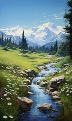  A tranquil alpine meadow carpeted with wildflowers, where snow-capped peaks loom in the distance and a crystal-clear stream winds its way through the verdant landscape