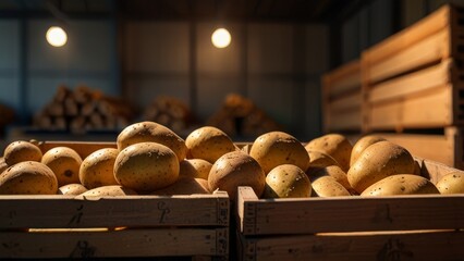 Potatoes stored in wooden crates at warehouse with blurred background and space for text, close up