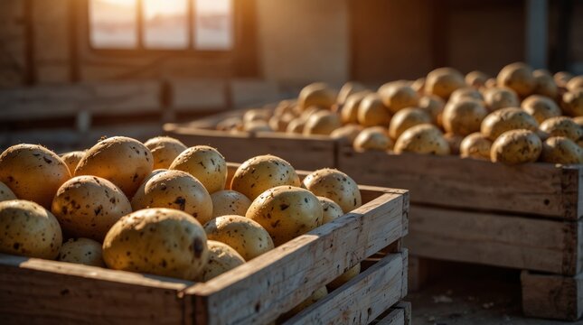 Ripe organic potatoes stored in wooden crates at warehouse with blurred background and space for text, close up.