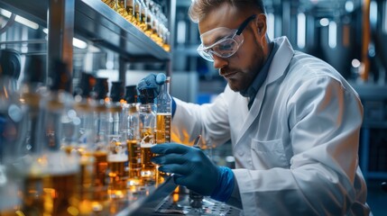 Rea a brewery scientist testing beer samples in glass tubes, analyzing beer quality with measuring devices, different angles and lighting
