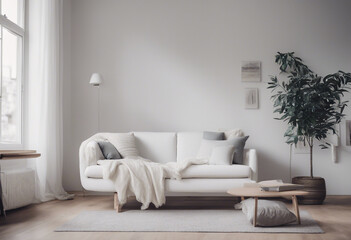 Cozy white sofa against window Scandinavian style home interior design of modern living room