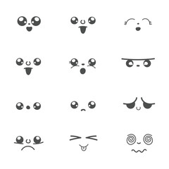 set of cute kawaii expressions, Cartoon faces set ,black and white eyes, manga comic cartoon eyes isolated on white background	
