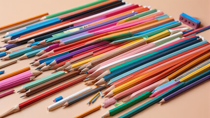 Fototapeta premium Pencils, erasers, and sharpeners arranged neatly on a desktop, ready for a day of learning and creativity, Generative AI