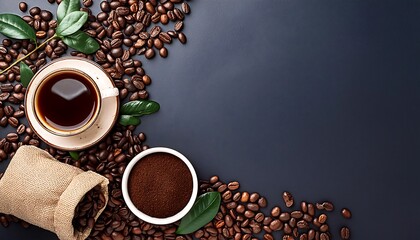 Naklejka premium The background has a coffee theme with elements such as coffee beans, drinks, and even coffee grounds on the edge. wallpaper, products, for advertising.