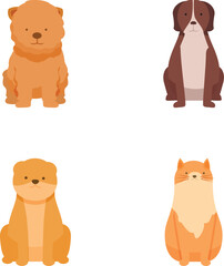 Collection of four adorable cartoon pet illustrations featuring two dogs and two cats in a flat design style