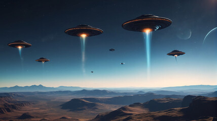 An eerie scene of UFOs descending from the sky, casting a shadow of fear and panic over the earth, Generative AI