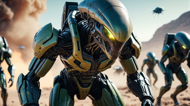 Military forces mobilizing in a desperate attempt to repel the alien invaders, their bravery tinged with fear and uncertainty, Generative AI